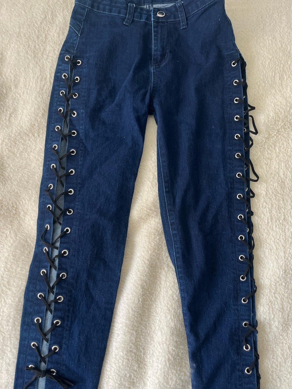 Lace-Up Side Detail Skinny Jeans - Dark Blue